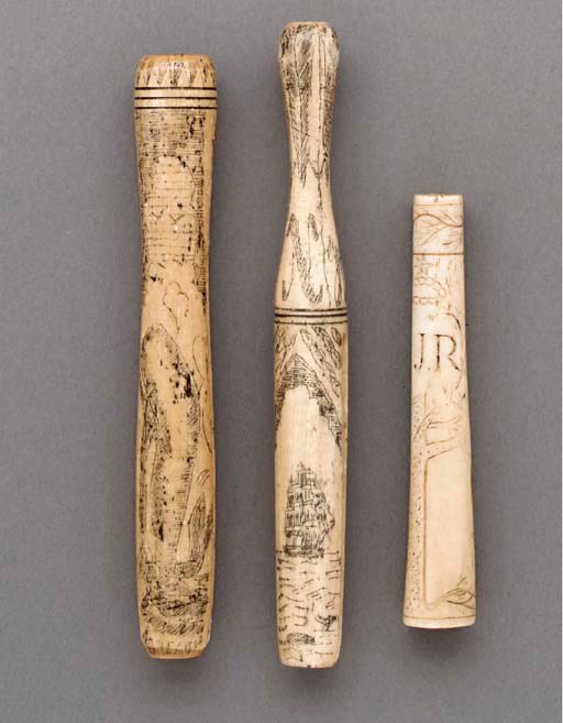 TWO SCRIMSHAWED WHALE BONE CLOTHES PINS