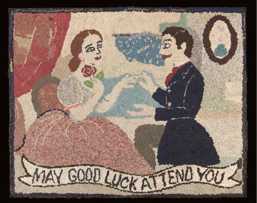 "MAY GOOD LUCK ATTEND YOU" WOOL AND COTTON PICTORIAL HOOKED RUG