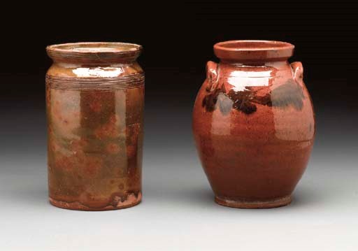 TWO GLAZED REDWARE CROCKS