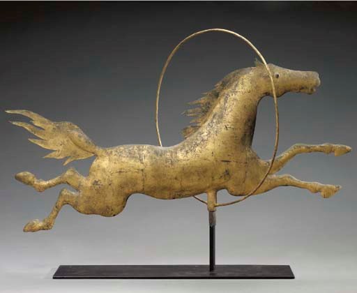 A MOLDED COPPER JUMPING HORSE WEATHERVANE
