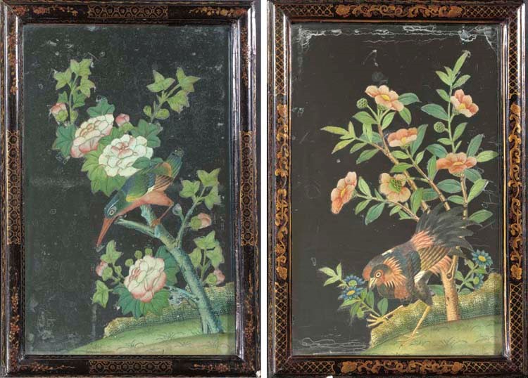 A PAIR OF REVERSE PAINTINGS ON MIRROR