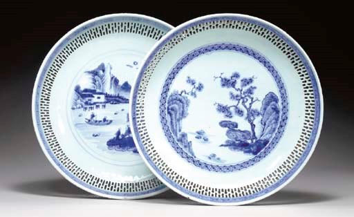 TWO BLUE AND WHITE RETICULATED DISHES