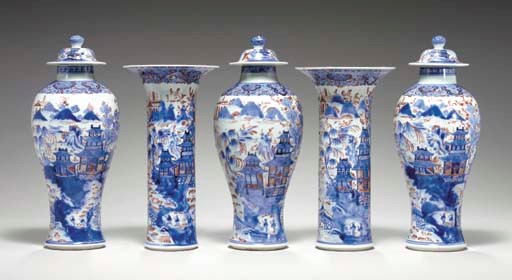 A 'CLOBBERED' BLUE AND WHITE FIVE-PIECE GARNITURE