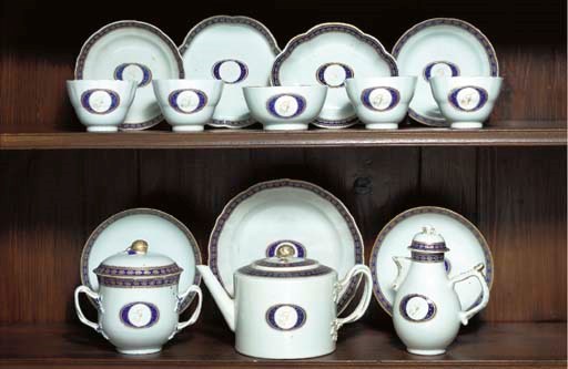A BLUE ENAMEL AND GILT INITIALLED TEA SERVICE