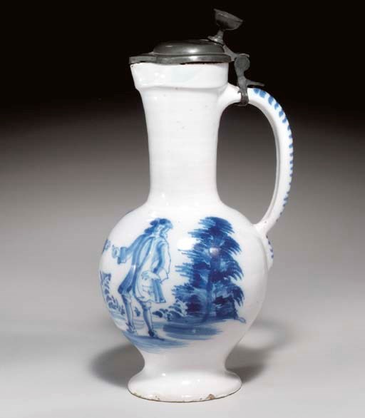 A PEWTER-MOUNTED HANAU FAYENCE BLUE AND WHITE ENGHALSKRUG