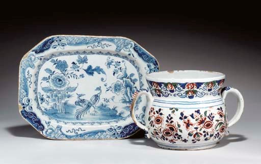 AN ENGLISH DELFT POSSET POT AND MEAT PLATTER