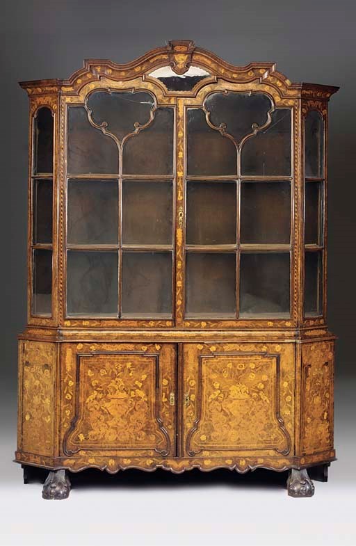 A DUTCH WALNUT, BURR VENEERED AND MARQUETRY DISPLAY CABINET