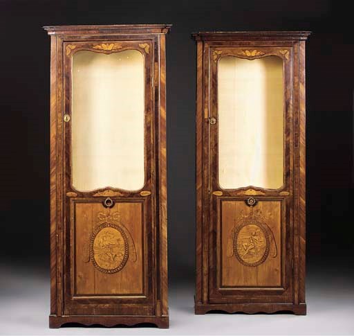 A PAIR OF ITALIAN KINGWOOD, TULIPWOOD CROSSBANDED AND YEWWOOD MARQUETRY UPRIGHT DISPLAY CABINETS