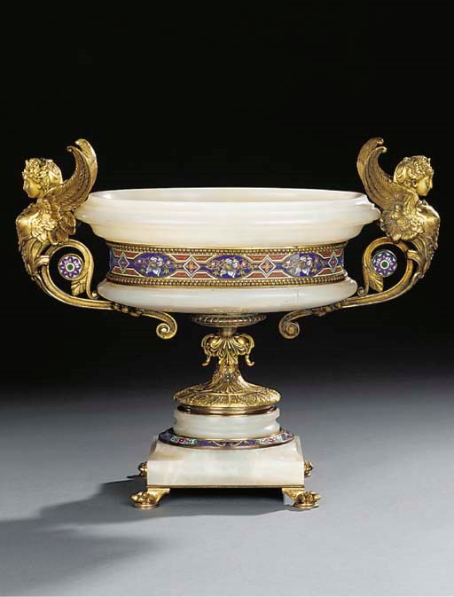 A FRENCH CHAMPLEVE ENAMEL, GILT BRONZE AND ONYX URN