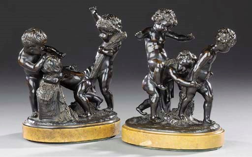 A PAIR OF BRONZE GROUPS OF CAVORTING AMORINI