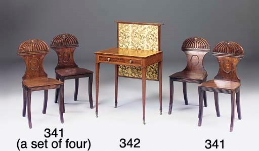 A SET OF FOUR REGENCY MAHOGANY HALL CHAIRS