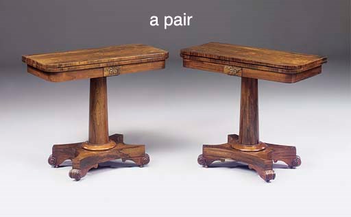 A PAIR OF GEORGE IV ROSEWOOD HINGED TOP TABLES