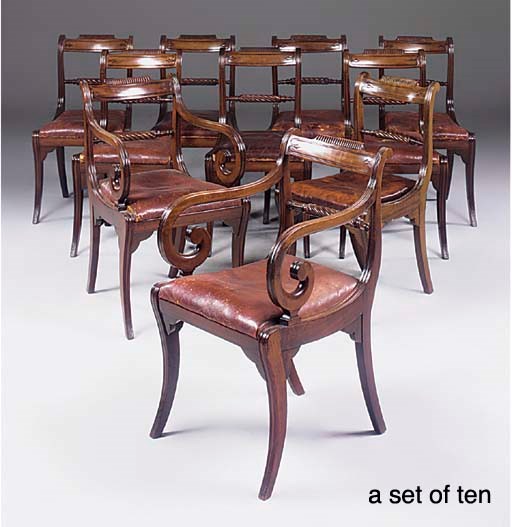 A SET OF TEN MAHOGANY DINING CHAIRS