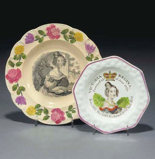A creamware commemorative plate and a octagonal porcelain plate