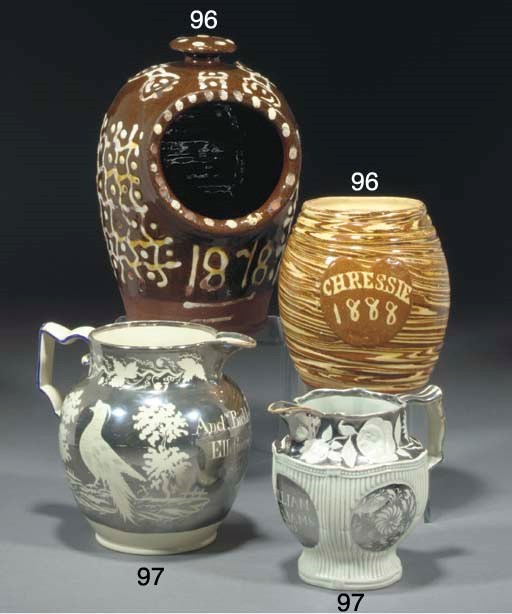 Two named and dated pearlware silver resist jugs and a dated blue ground jug