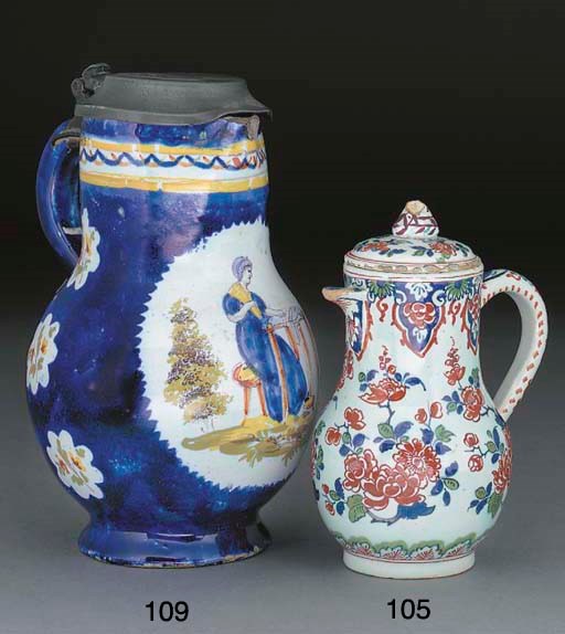 A Delft (de Roos) polychrome hot water jug and cover