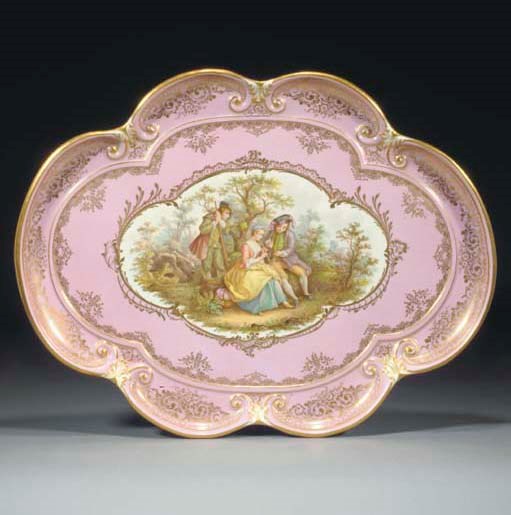 A Meissen shaped oval pink-ground tray