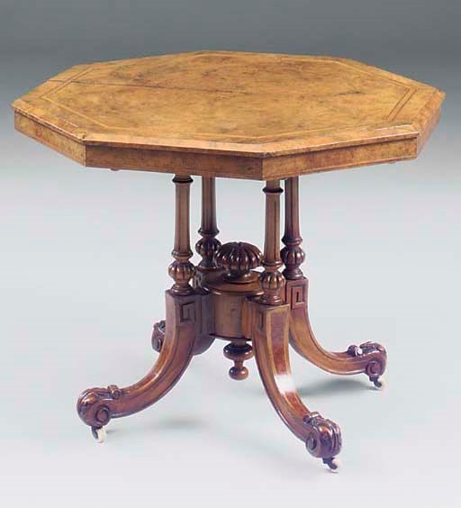 A Victorian burr walnut and inlaid octagonal centre table