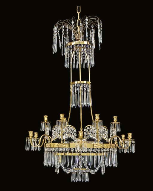 A gilt brass twelve light chandelier
