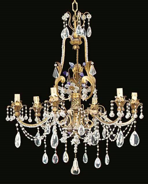 A French gilt metal and glass six light chandelier