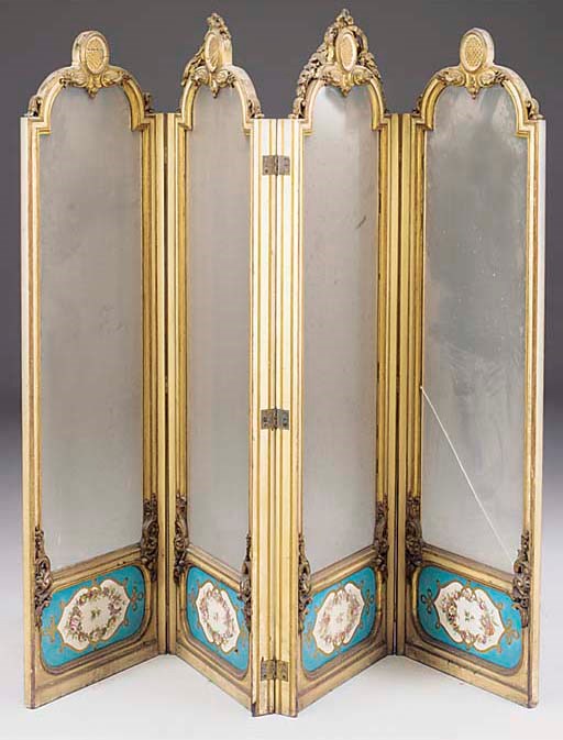 A VICTORIAN GILT WHITE-PAINTED PARIS PORCELAIN AND GLASS FOUR-PANEL SCREEN