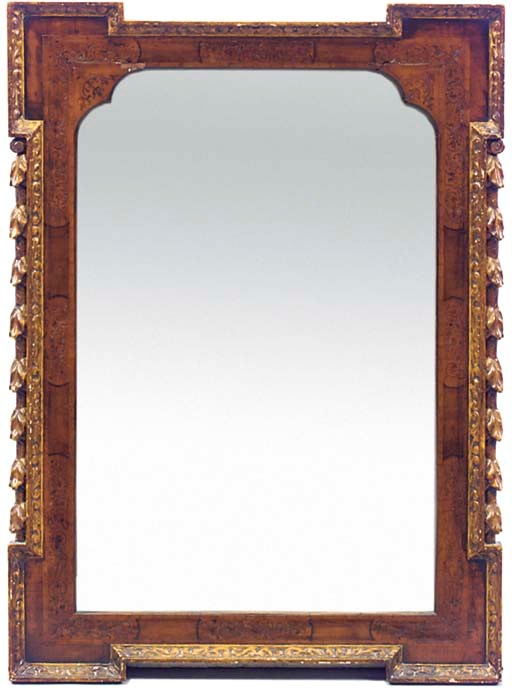 A WALNUT MARQUETRY AND PARCEL GILT MIRROR