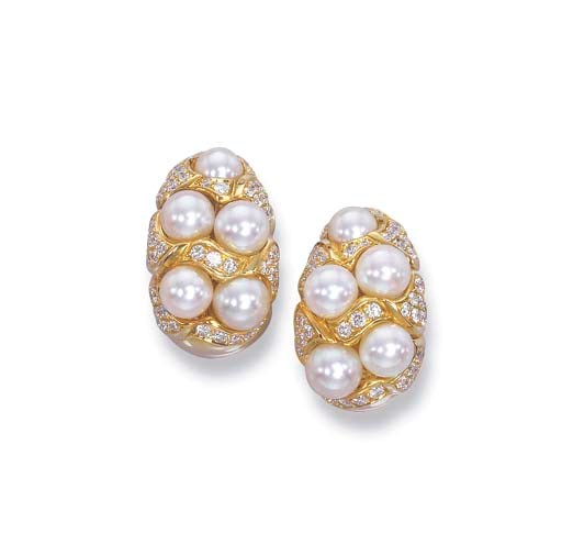 A PAIR OF CULTURED PEARL AND DIAMOND EAR CLIPS, BY BOUCHERON