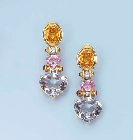 A PAIR OF SYNTHETIC GEM AND DIAMOND EAR PENDANTS
