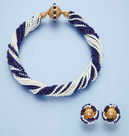 A CULTURED PEARL AND LAPIS LAZULI TORSADE AND EAR CLIPS
