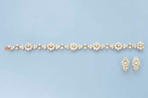 A DIAMOND FLORAL BRACELET AND EAR CLIPS, BY VAN CLEEF & ARPELS