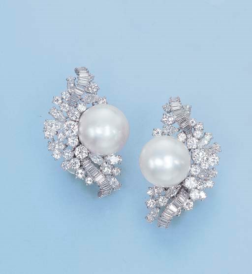 A PAIR OF SOUTH SEA CULTURED PEARL AND DIAMOND EAR CLIPS