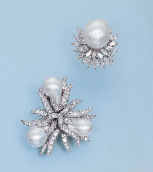A BAROQUE CULTURED PEARL AND DIAMOND RING AND BROOCH