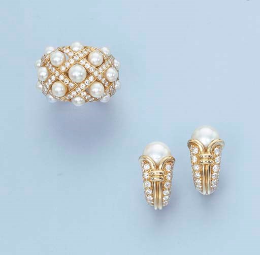 A CULTURED PEARL AND DIAMOND RING, BY CHANEL, AND A PAIR OF CULTURED PEARL AND DIAMOND EARRINGS, BY BULGARI