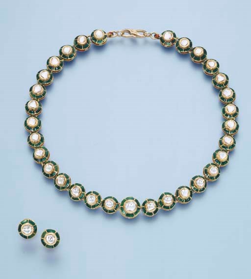 A MODERN INDIAN DIAMOND RIVIERE AND A PAIR OF EARRINGS