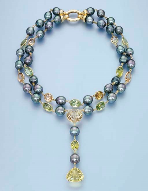 A GREY SOUTH SEA CULTURED PEARL AND GEM-SET NECKLACE