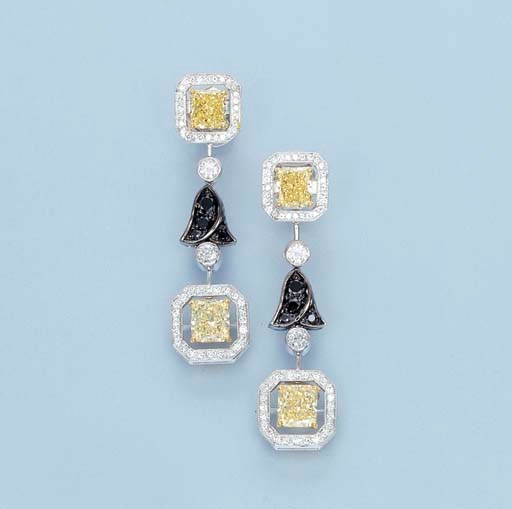 A PAIR OF DIAMOND, FANCY YELLOW AND BLACK DIAMOND 'BLUE BELL' EAR PENDANTS, BY GRAFF