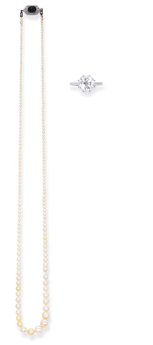 A DIAMOND SINGLE-STONE RING AND A NATURAL PEARL NECKLACE
