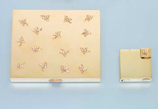 A GOLD AND DIAMOND CIGARETTE CASE AND LIGHTER, BY CARTIER