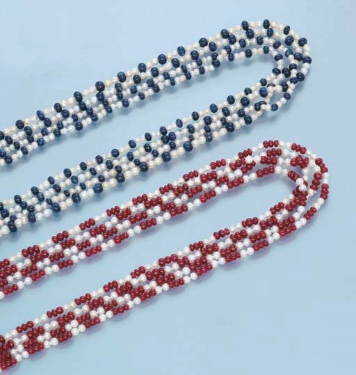 A PAIR OF NATURAL PEARL AND RUBY OR SAPPHIRE SAUTOIRS