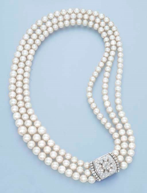 A CULTURED PEARL AND DIAMOND NECKLACE