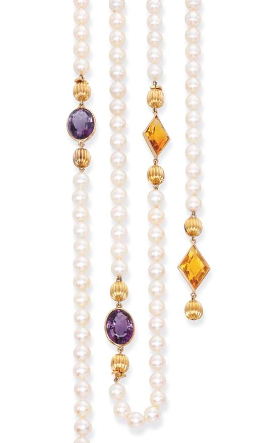 A CULTURED PEARL, AMETHYST AND CITRINE SAUTOIR/BRACELETS