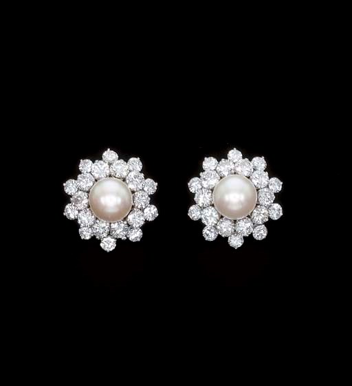 A PAIR OF CULTURED PEARL AND DIAMOND EAR CLIPS