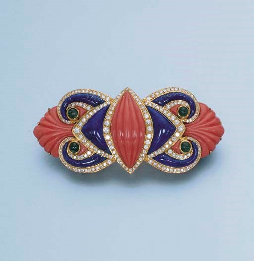A CORAL, LAPIS LAZULI AND DIAMOND BROOCH