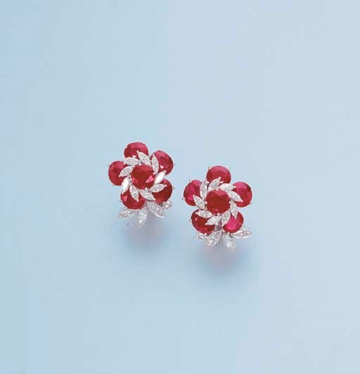 A PAIR OF RUBY AND DIAMOND FLORAL EAR CLIPS