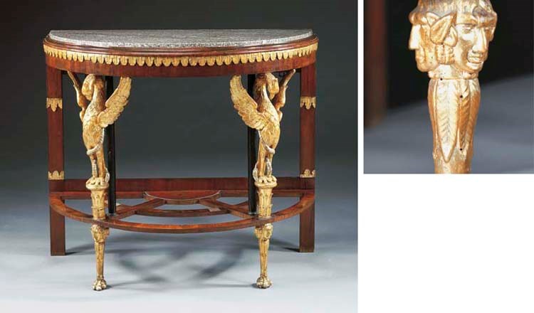 CONSOLE DI FORMA DEMILUNE IN MOGANO, LEGNO SCURITO E DORATO, SICILIA, INIZI SECOLO XIX,