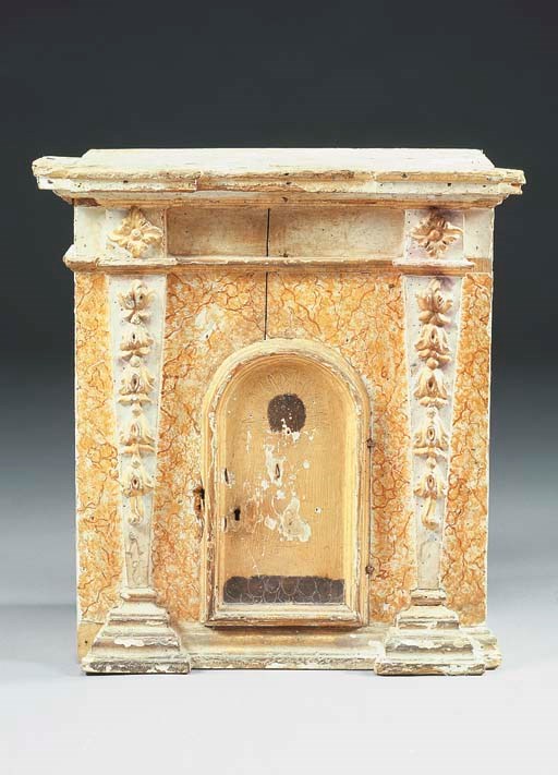 TABERNACOLO IN LEGNO INTAGLIATO, DIPINTO E DORATO, SECOLO XVIII,