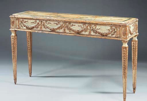 CONSOLE IN LEGNO INTAGLIATO, DIPINTO E DORATO,