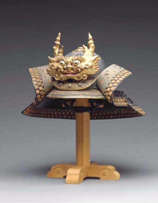 A Lacquered-Iron Sixty-Two Plate Helmet (Suji-Bachi) with a Russet-Iron Half Mask (Mempo)