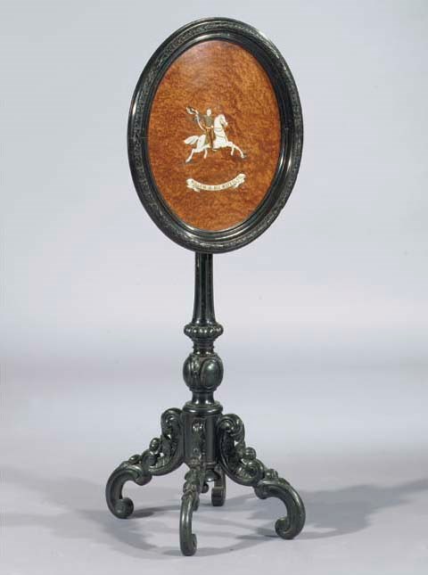 A Dutch bone, brass and metal-inlaid thuya and ebonised tilt-top table