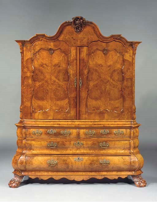 A Dutch burr-walnut and figured walnut cabinet